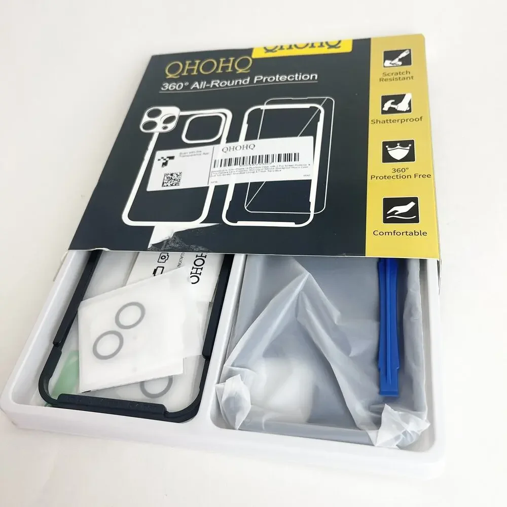 QHOHQ 5 in 1 for iPhone14 Plus Max case +2X Screen & Lense Protectors, Navy Blue